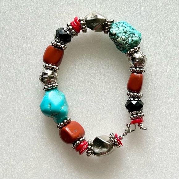 Turquoise and Carnelian Nuggets with Coral Colored Heishi Beads and Black Glass - Picture 6 of 8